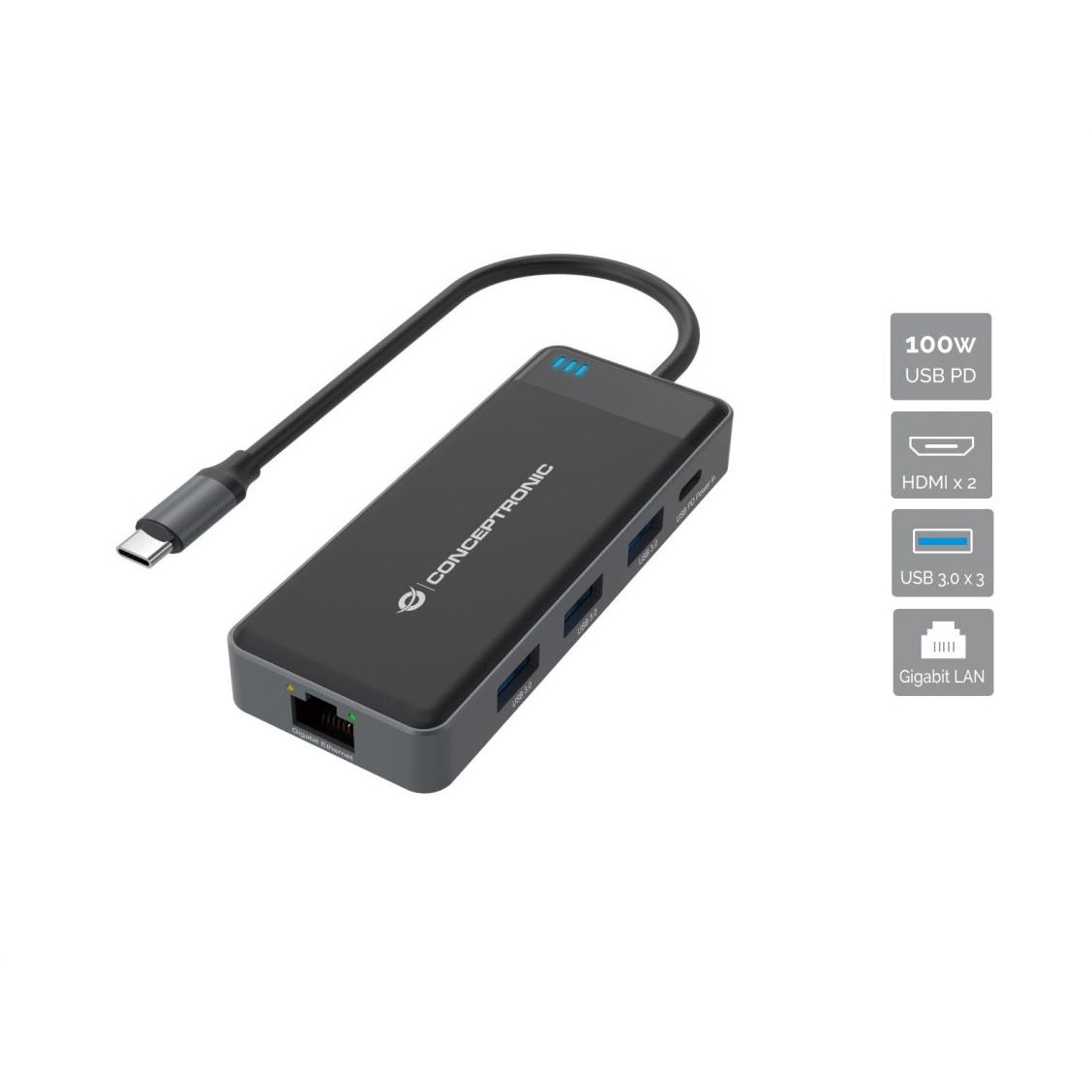 CONCEPTRONIC 7-1 Dock USB-C->2xHDMI/3xUSB-A/GbE/+ 25cm gr