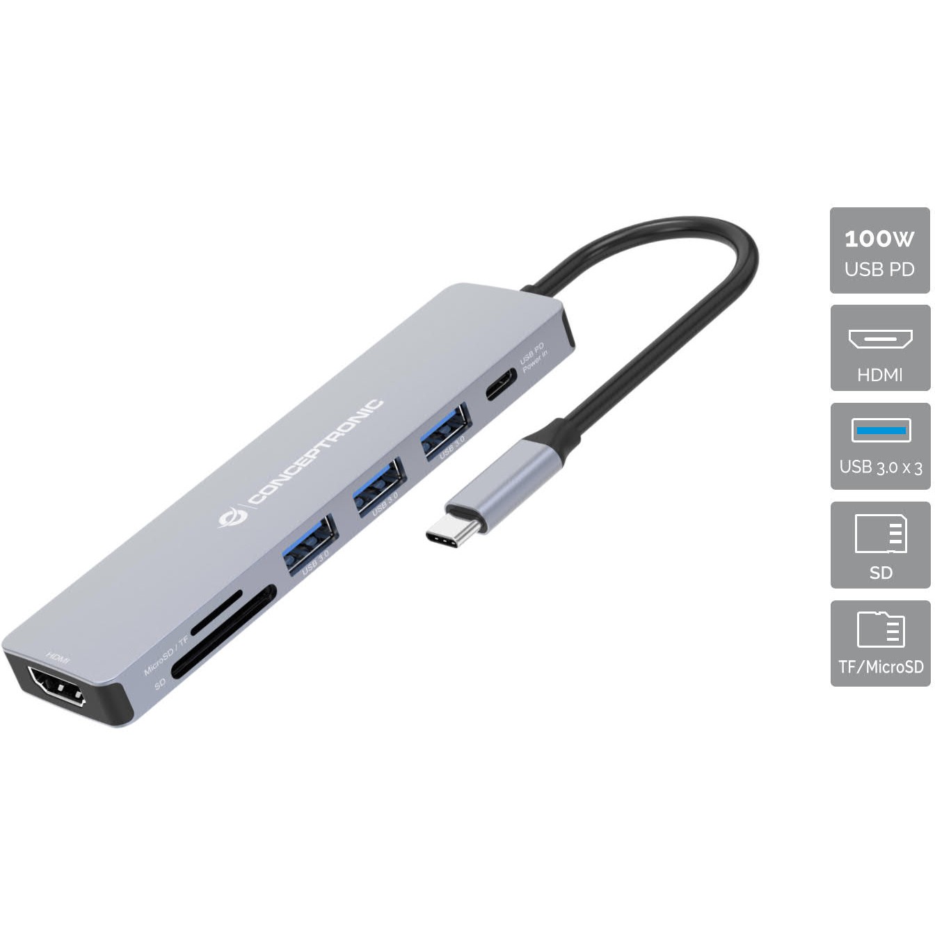 CONCEPTRONIC 7-1 Dock USB-C->HDMI/3xUSB-A/SD/TF/+ 25cm gr