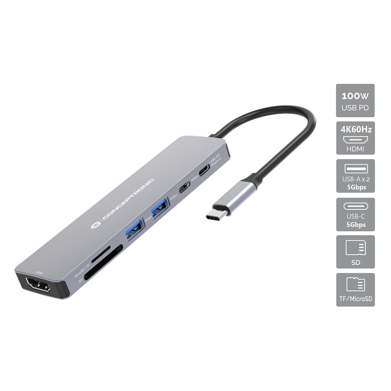 CONCEPTRONIC 7-1 Dock USB-C->HDMI/USB-C/2xUSB-A/+ 25cm gr