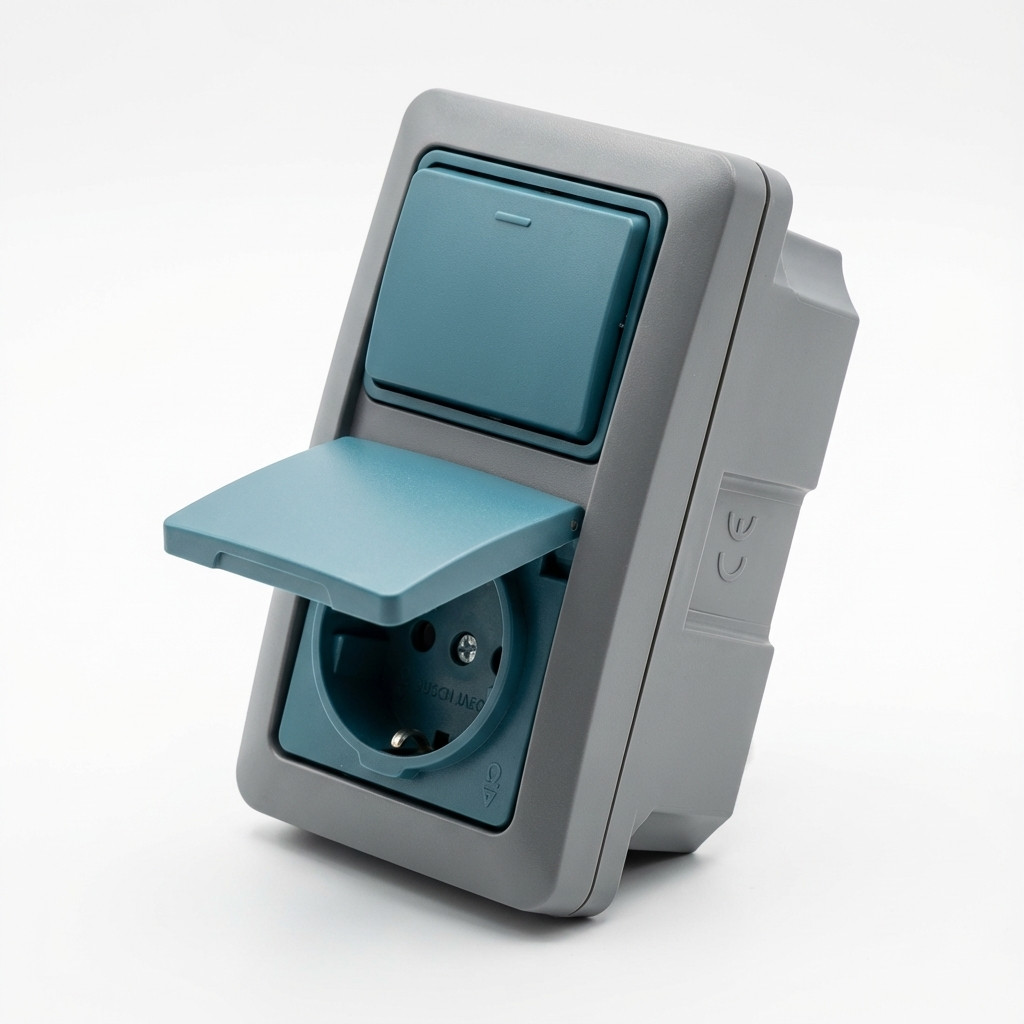 BUSCH JAEGER Ocean - Steckdose Kombination Wippschalter - AP *grau/blaugrün*