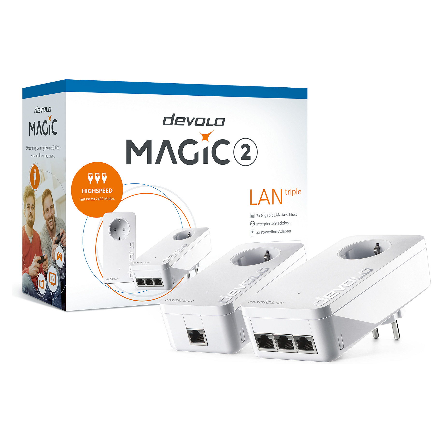 devolo Magic 2 LAN triple Powerline Starter Kit Powerline bis zu 2.400 Mbit/s, 3x Gigabit LAN (pro Einheit)