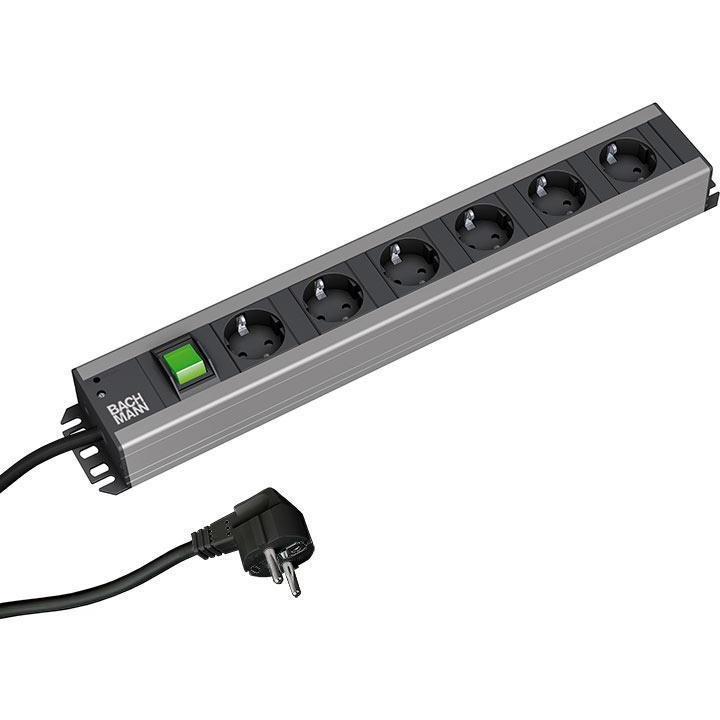 BACHMANN Handwerkerleiste 6x Schutzkontakt Schalter 48,26cm 19-Zoll-Rack kompatibel 2m