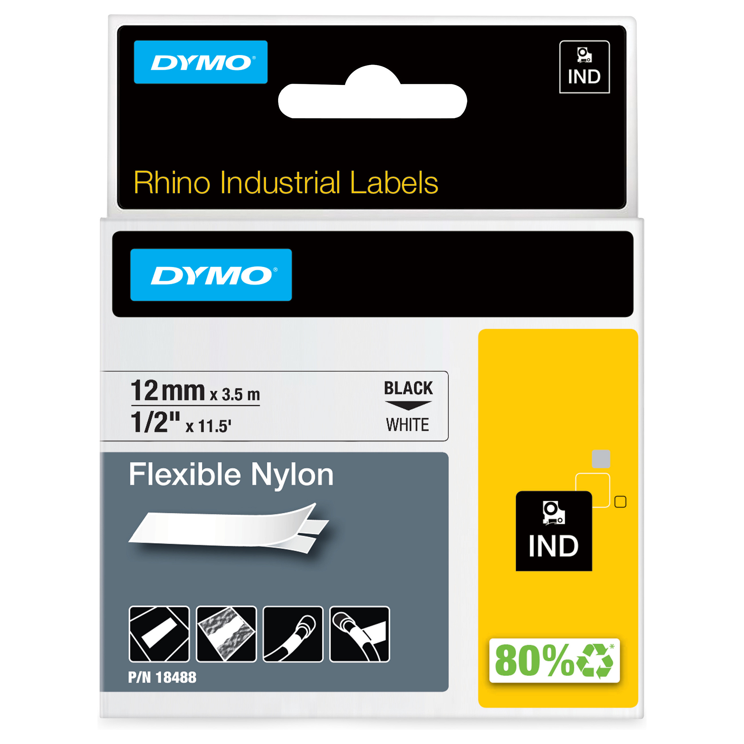 Dymo Rhino Band IND, Nylon 12 mm x 3,5 m schwarz auf wei