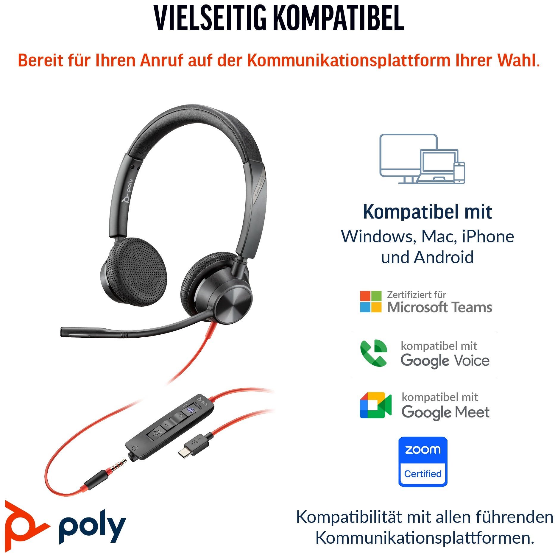 Poly Headset Blackwire C3325 Stereo USB-C/A & 3.5 mm