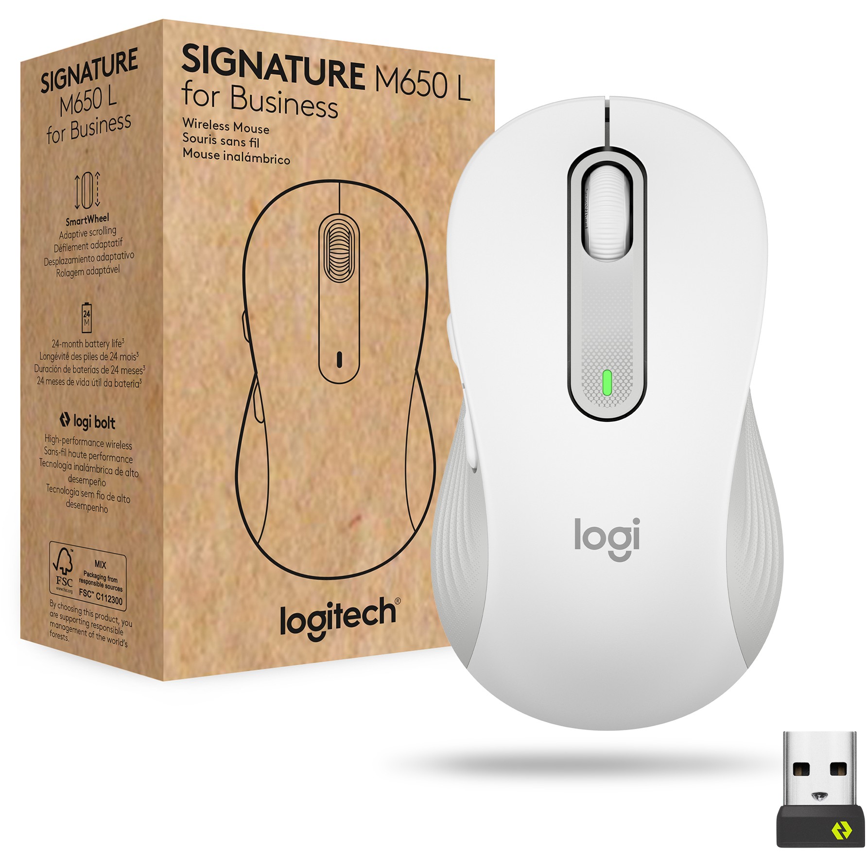 Logitech Signature M650 for Business Mouse wireless Bluetooth 2.4 GHz Bolt USB receiver off-white