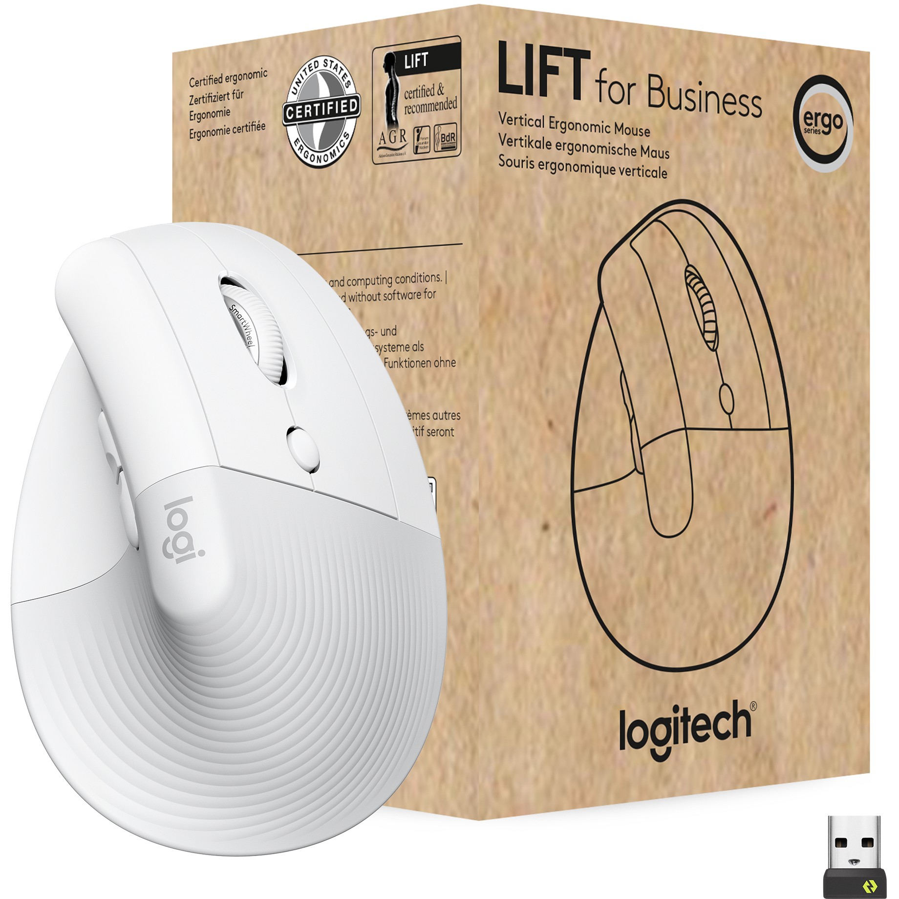 Logitech Lift for Business Vertical mouse ergonomic 6 buttons wireless Bluetooth 2.4 GHz Bolt USB receiver off-white