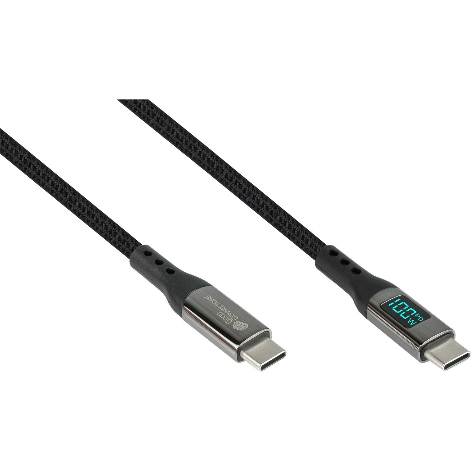 GoodConnections USB-C 2.0 (ST-ST) 1m Anschlusskabel mit Digitalanzeige Textilmantel 100W Schwarz