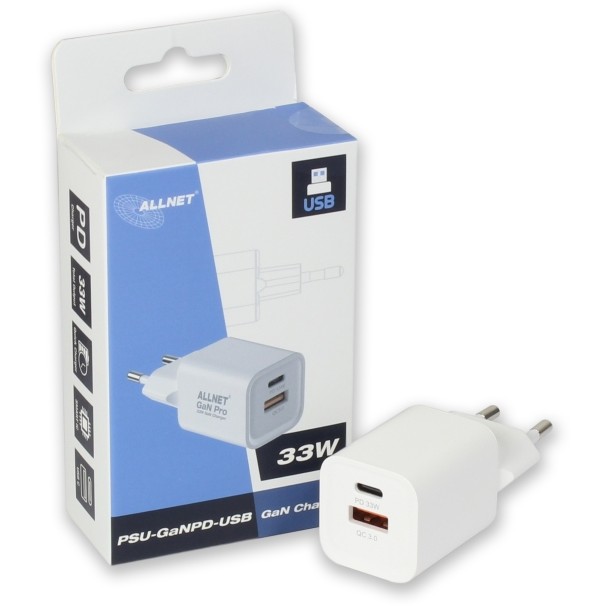 NET Z ALLNET Ersatznetzteil QC USB-C PD GaN Netzteil Power Supply33Watt 1x USB Typ-A QC 1x USB Typ-C**EU PLUG**