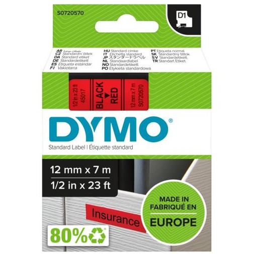 Dymo LabelWriter - D1 Etiketten Selbstklebend - 12 mm x 7 m - Schwarz auf Rot - (S0720570)