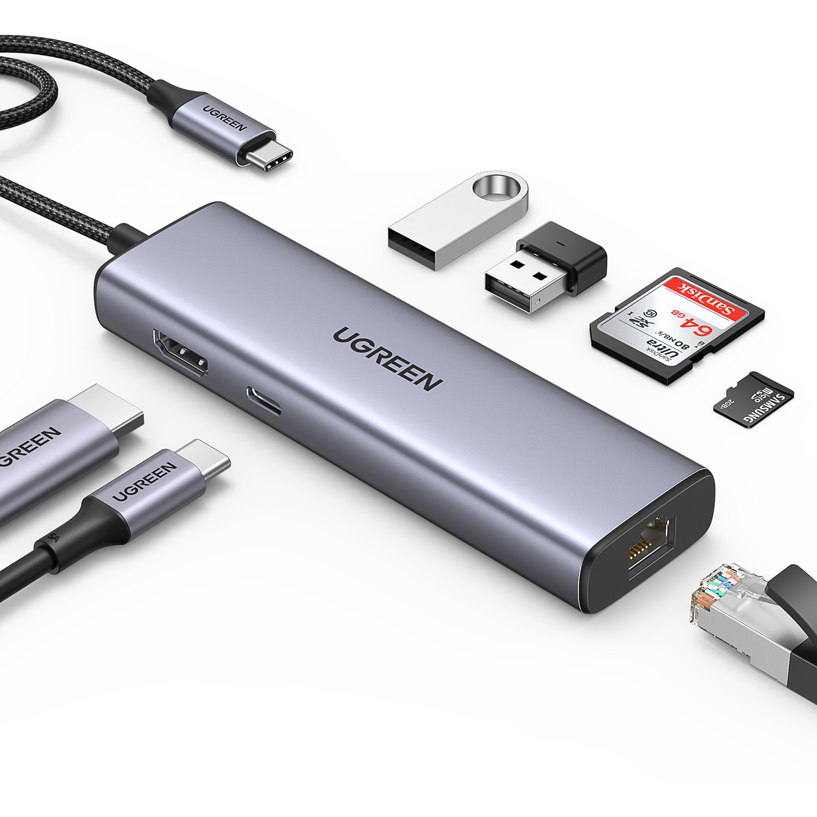UGREEN USB-C to 2*USB3.0+HDMI+RJ 45+SD&TF +PD port Hub