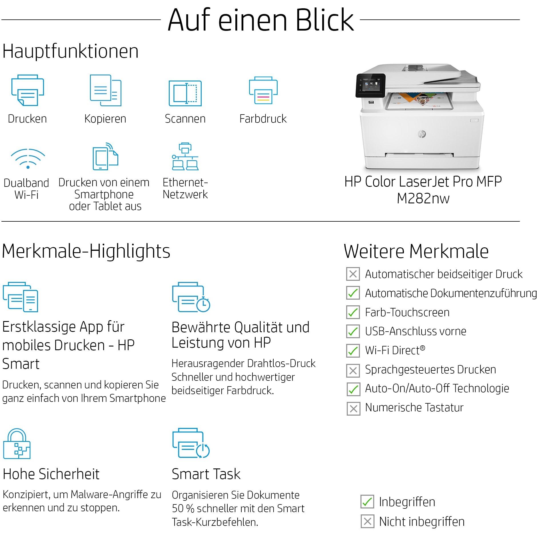 HP Farblaserdrucker FL WiFi LaserJet 3in1 ADF A4 Pro M282nw Color MFP LAN