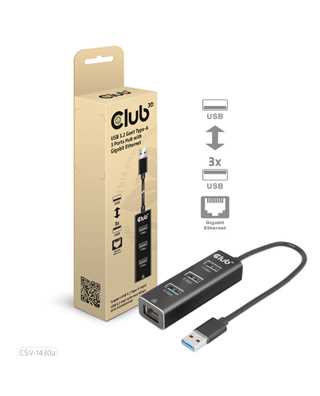 Club 3D USB 3.2 Gen1 Typ-A, 3 Ports Hub mit Gigabit Ethernet