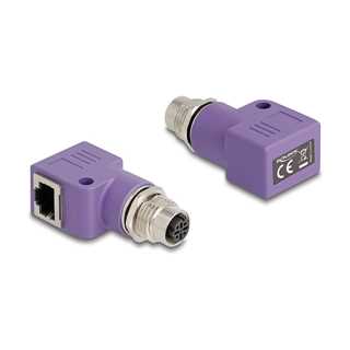 Delock M12 Adapter D-kodiert 4 Pin Buchse zu RJ45 Buchse Cat.5e mit Befestigungsloch 90° gewinkelt violett