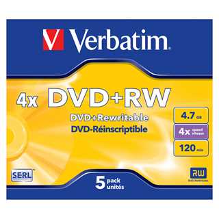 1x5 Verbatim DVD+RW 4,7GB 4x Speed, matt silver Jewel Case